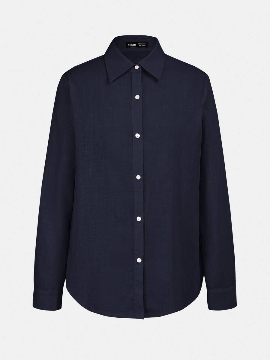 Arabella Classic Collared Button Down Long Sleeve Cotton Shirt - Navy Blue