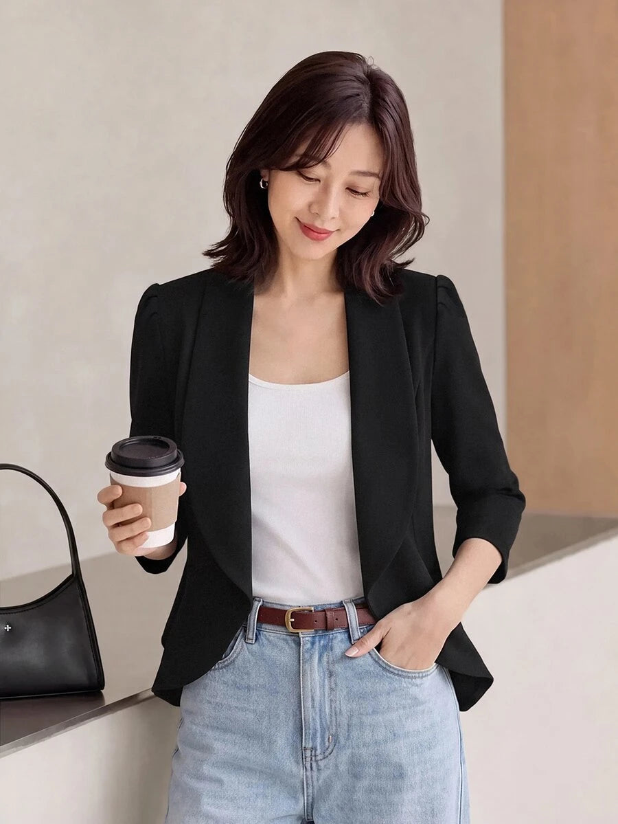 Octavia Waterfall Collar Open Front Asymmetric Hem Knit Blazer - Black