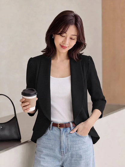 Octavia Waterfall Collar Open Front Asymmetric Hem Knit Blazer - Black