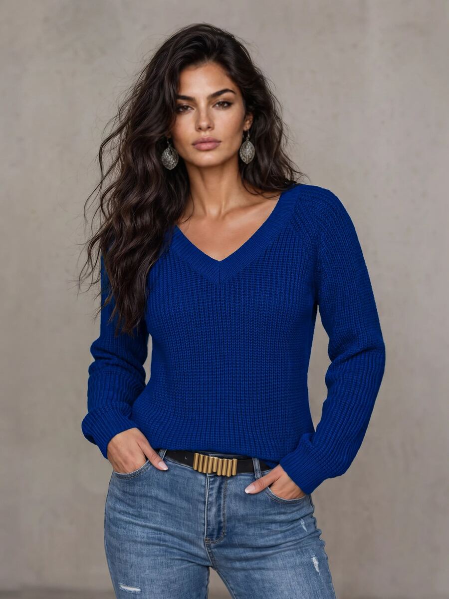 Aarhus V Neck Raglan Sleeve Ribbed Knit Sweater - Royal Blue