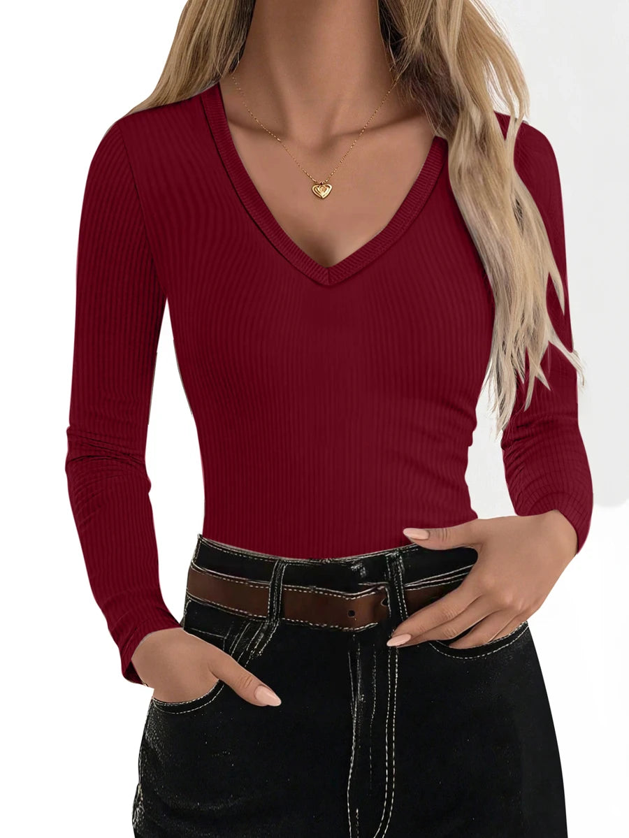 Siena Deep V Neck Ribbed Knit Long Sleeve Fitted Top