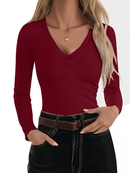 Siena Deep V Neck Ribbed Knit Long Sleeve Fitted Top