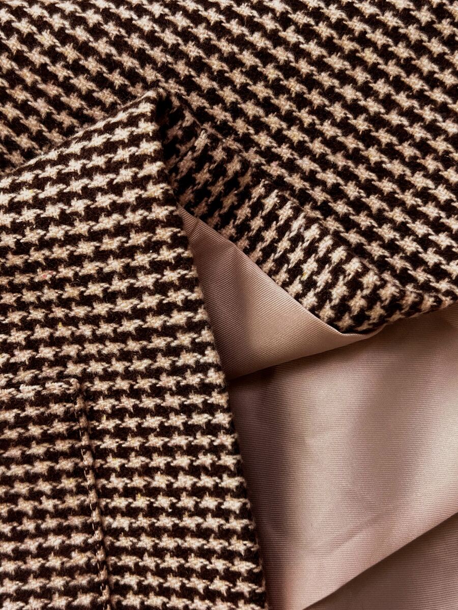 Cordelia Plaid Tweed Open Front Collarless Cropped Jacket - Coffee Houndstooth