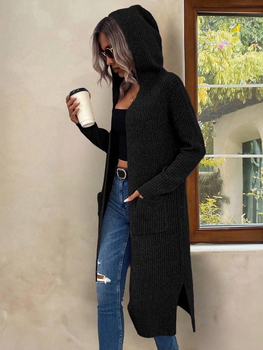 Marianne Hooded Split Hem Longline Duster Cardigan - Black