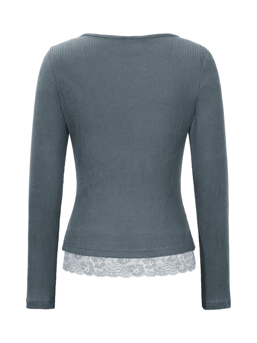 Asheville Lace Trim Layered Look Ribbed Long Sleeve Top