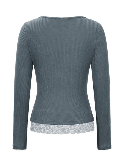 Asheville Lace Trim Layered Look Ribbed Long Sleeve Top