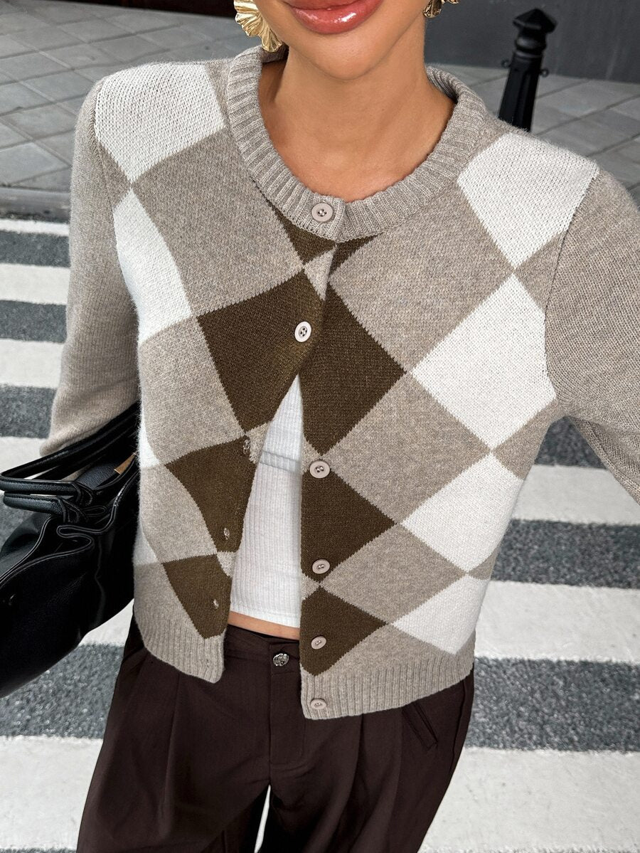 Liliane Plaid Knit Crew Neck Button Front Cardigan - Multicolor