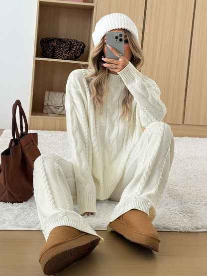 Ginevra 2 Piece Sweater Set Cable Knit Pullover and Wide Leg Pants - Ivory