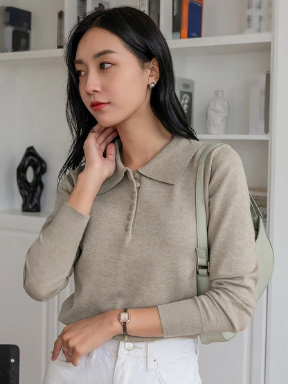Linnea Solid Polo Button Front Long Sleeve Sweater - Grey