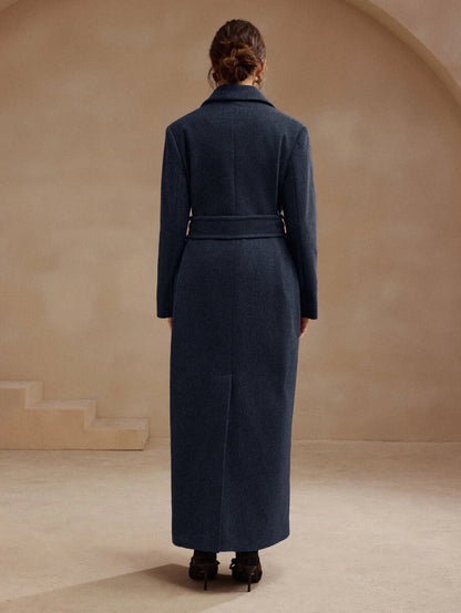Valeska Belted Double-Breasted Lapel Long Coat with Pockets - Navy Blue
