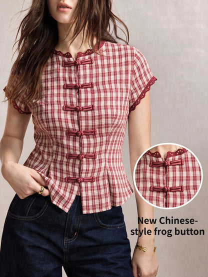 Mirabel Lace Trim Frog Button Short Sleeve Cotton Blouse - Red Gingham