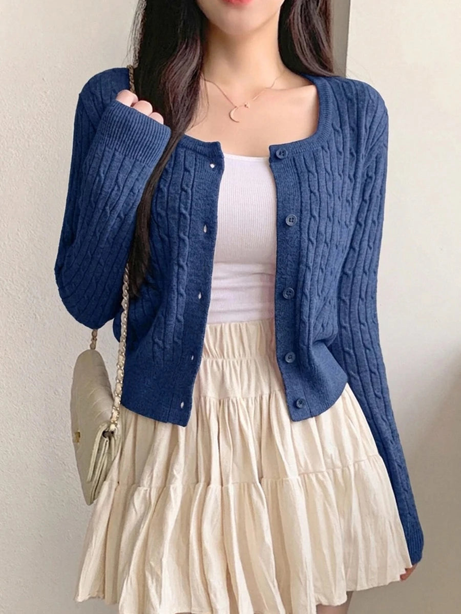Women's Fitted V-Neck Button Front Cardigan, Twist Knit Sweater for Work and Fall - Green