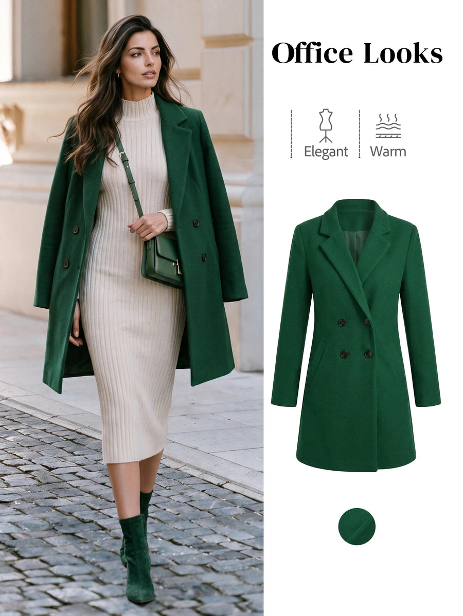 Aveline Double-Breasted Lapel Coat with Tailored Thigh-Length Cut - Mocha Brown