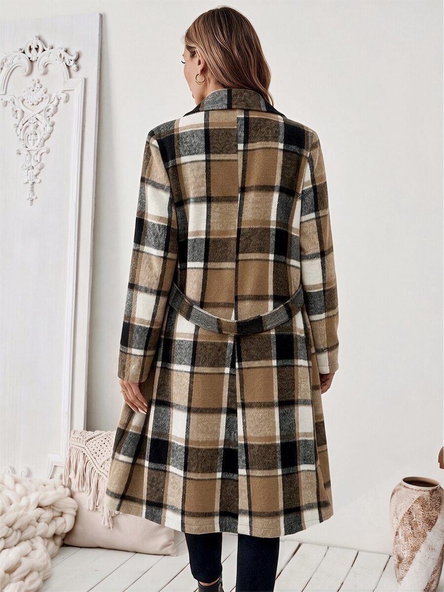 Josephine Belted Notched Collar Double-Breasted Long Coat - Cream Plaid