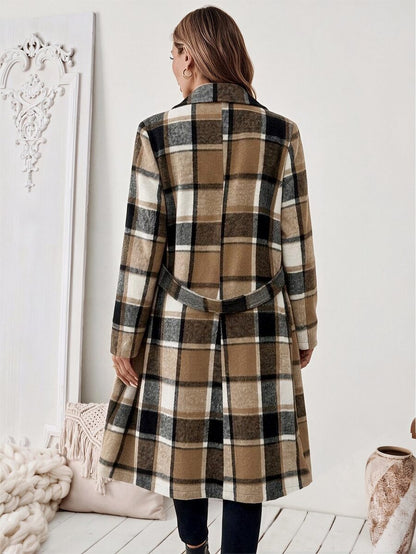 Josephine Belted Notched Collar Double-Breasted Long Coat - Cream Plaid
