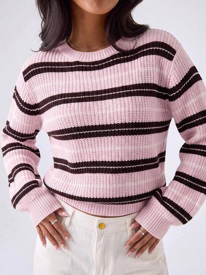 Aurelia Chunky Waffle Knit Crew Neck Relaxed Sweater - Pink Brown Stripe