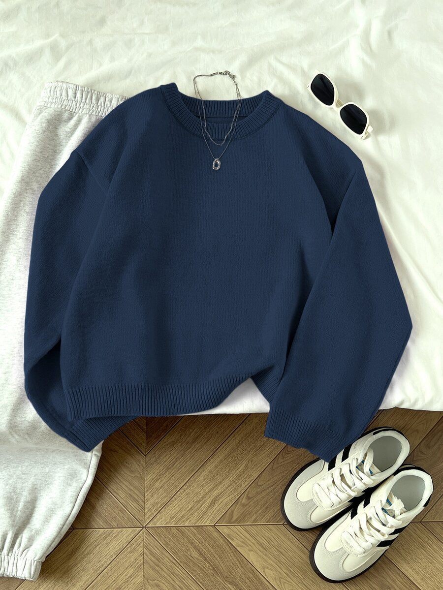 Women's Oversized Crew Neck Pullover Sweater, Relaxed Knit Sweater for Fall Winter - Lilac Purple