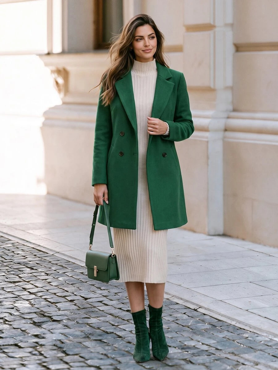 Aveline Double-Breasted Lapel Coat with Tailored Thigh-Length Cut - Navy Blue