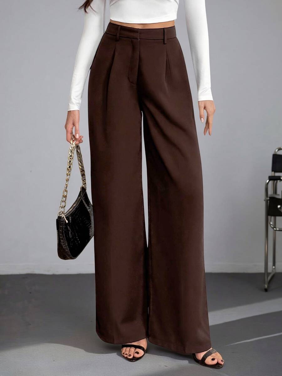 Isla High Waisted Wide Leg Pants with Pleated Front - Chocolate Brown
