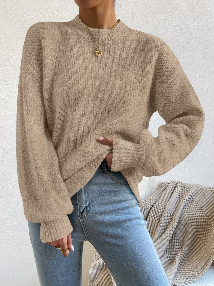 Viola Relaxed Mock Neck Sweater with Drop Shoulders - Camel