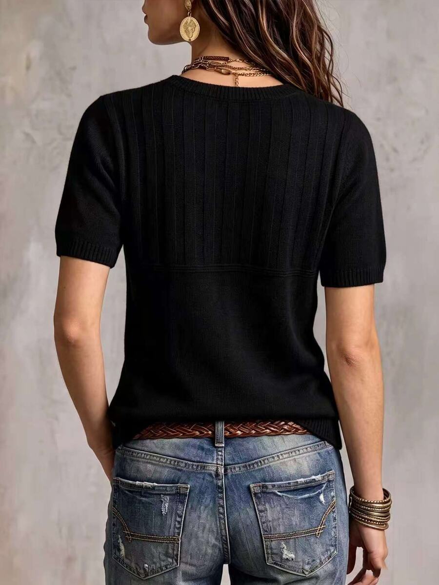 Marielle Textured Knit Half-Button Short Sleeve Sweater Top - Black