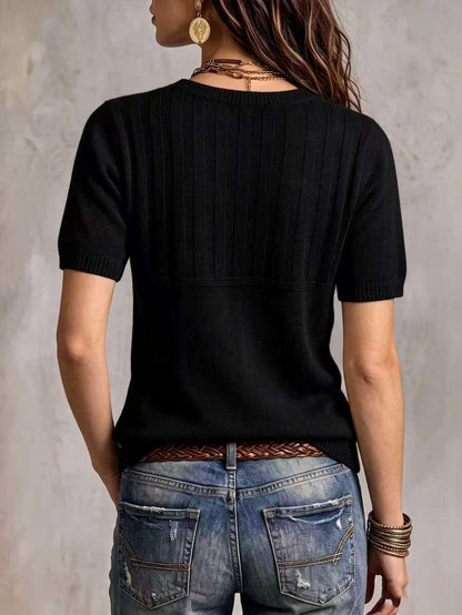Marielle Textured Knit Half-Button Short Sleeve Sweater Top - Black