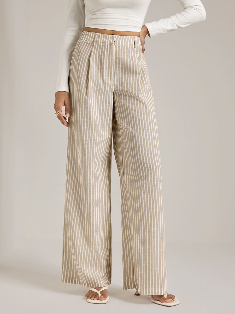 Isla High Waisted Wide Leg Pants with Pleated Front - Oatmeal Stripe