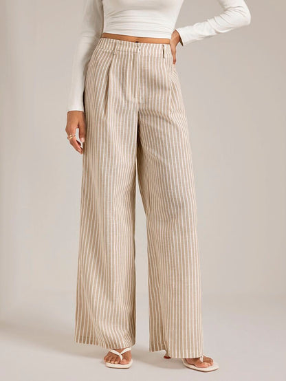 Isla High Waisted Wide Leg Pants with Pleated Front - Oatmeal Stripe