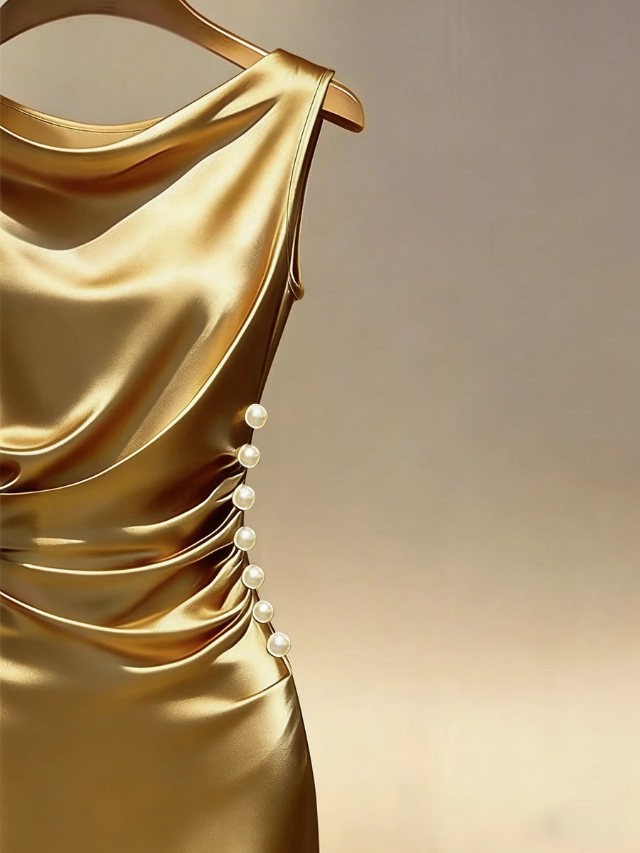Women's Satin Cowl Neck Midi Dress, Ruched Silky Dress for Wedding Guest and Evening - Champagne