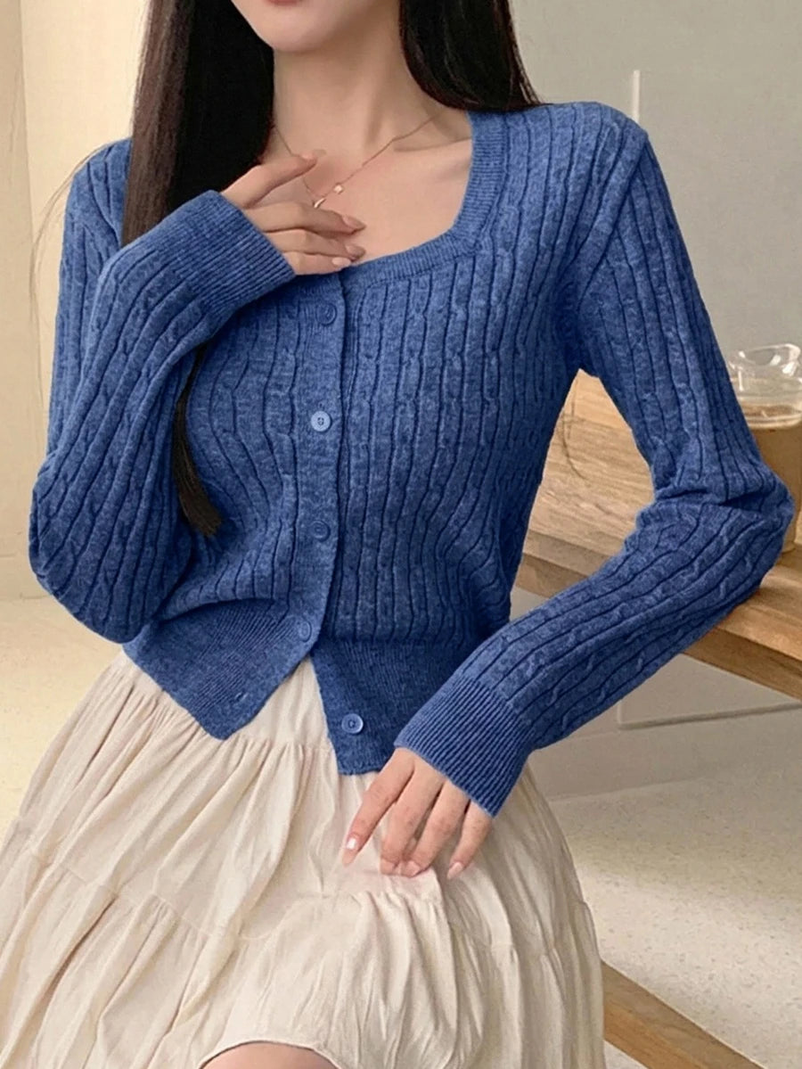 Women's Fitted V-Neck Button Front Cardigan, Twist Knit Sweater for Work and Fall - Blue