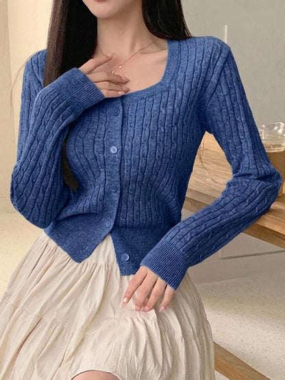 Women's Fitted V-Neck Button Front Cardigan, Twist Knit Sweater for Work and Fall - Blue
