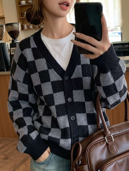 Waverly Checkerboard Knit Cardigan - Black