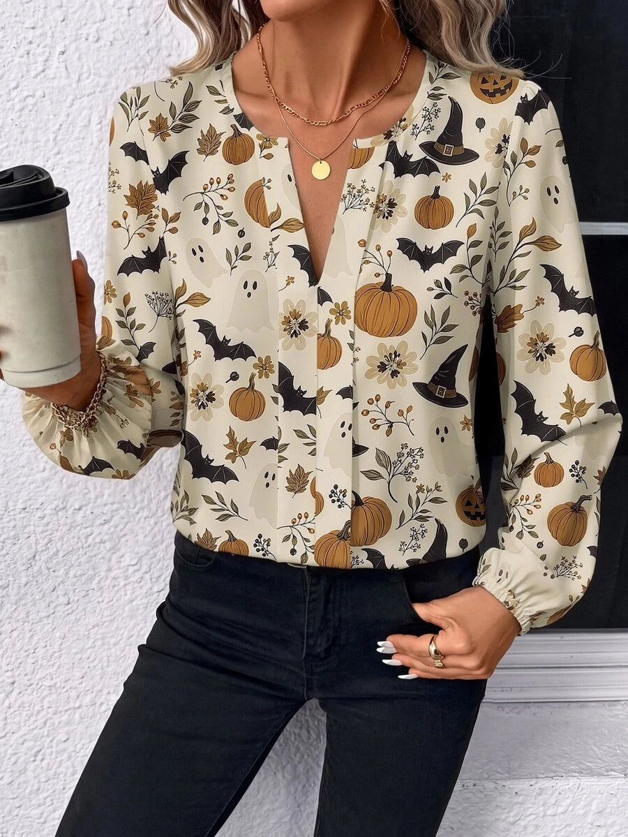 Nell Long Sleeve Blouse with Split V Neck and Lantern Sleeves - Cream Harvest Print