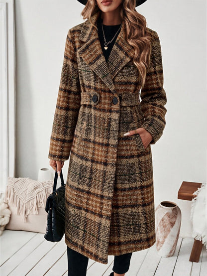 Josephine Belted Notched Collar Double-Breasted Long Coat - Brown Plaid