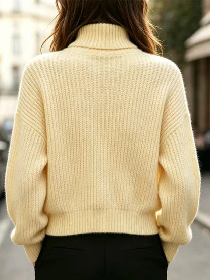 Wilhelmina Rib Knit Turtleneck Drop Shoulder Pullover Sweater - Grey