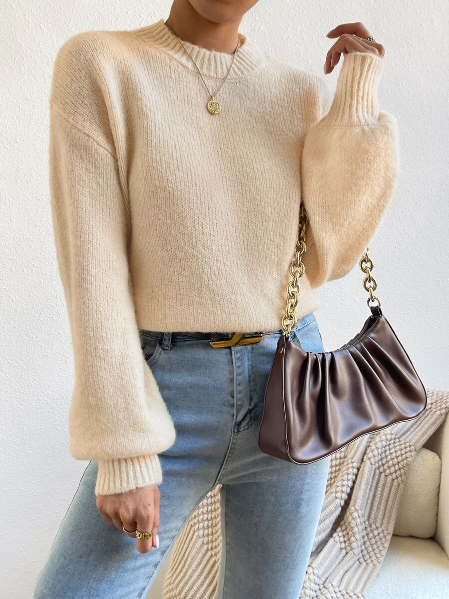 Viola Relaxed Mock Neck Sweater with Drop Shoulders - Cream