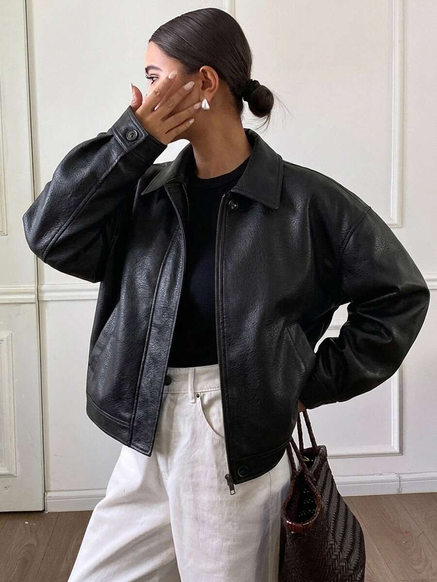 Brielle Thickened PU Faux Leather Loose Outerwear Jacket - Black