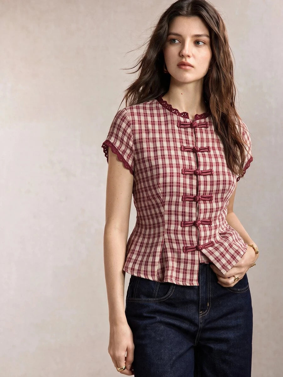 Mirabel Lace Trim Frog Button Short Sleeve Cotton Blouse - Red Gingham