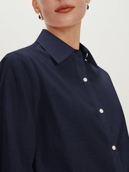 Arabella Classic Collared Button Down Long Sleeve Cotton Shirt - Navy Blue