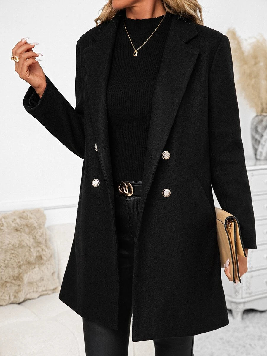 Aveline Double-Breasted Lapel Coat with Tailored Thigh-Length Cut - Grey