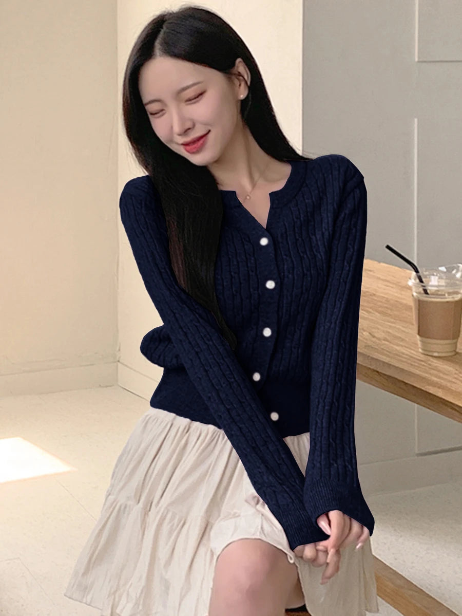 Women's Fitted V-Neck Button Front Cardigan, Twist Knit Sweater for Work and Fall - Green