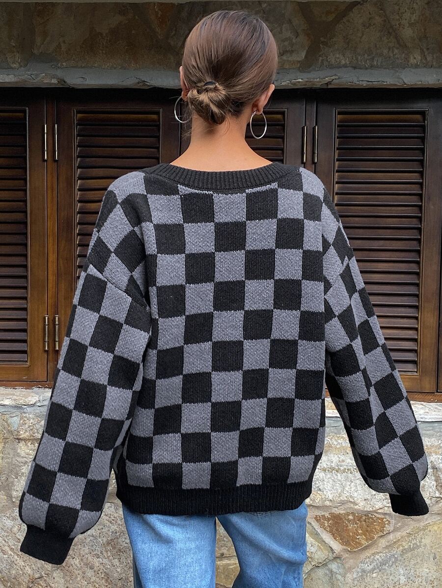 Waverly Checkerboard Knit Cardigan - Black