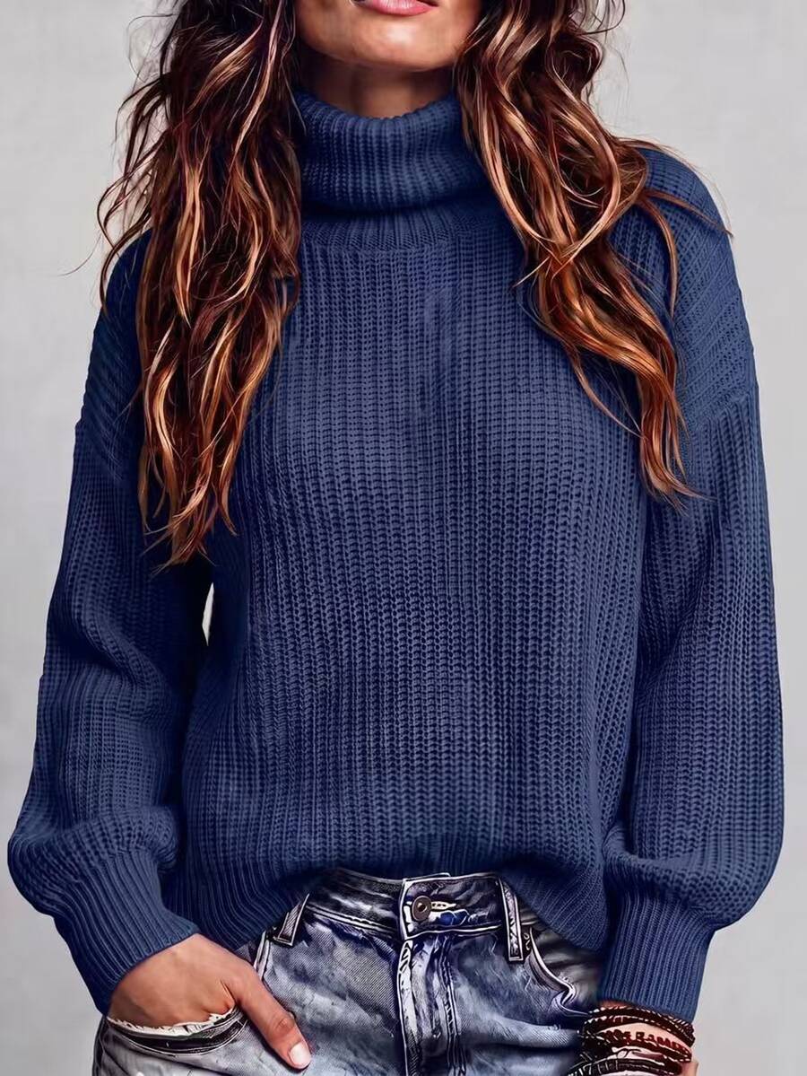 Wilhelmina Rib Knit Turtleneck Drop Shoulder Pullover Sweater - White
