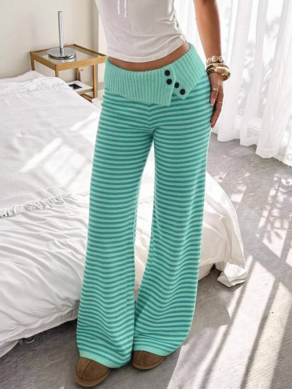 Rosalba Ribbed Knit Fold-Over Waist Flare Pants - Baby Pink