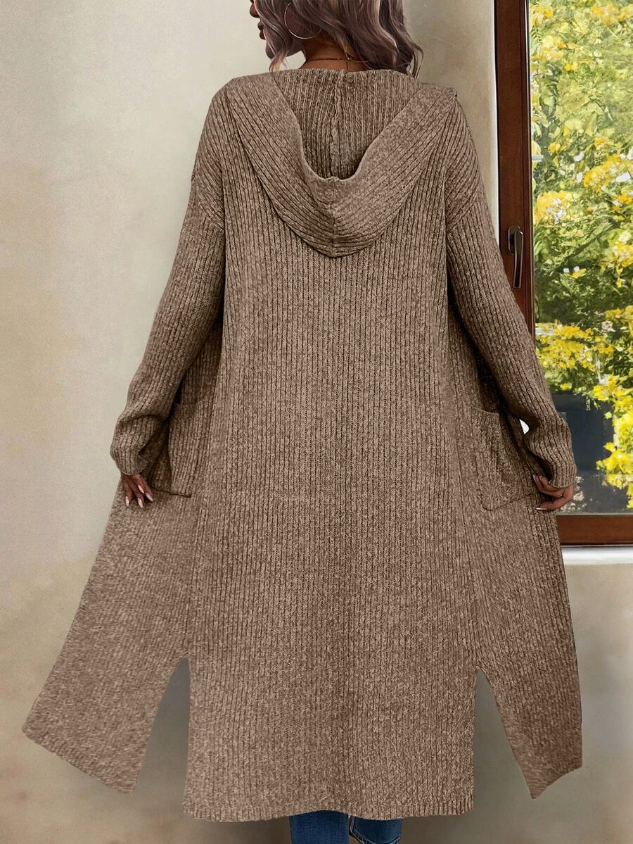 Marianne Hooded Split Hem Longline Duster Cardigan - Mocha Brown
