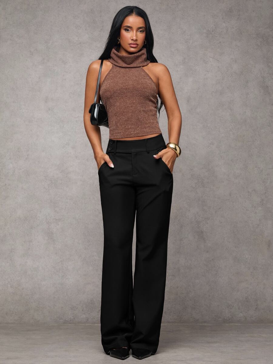 Antonia Low Rise Flare Leg Tailored Trousers with Pockets - Black