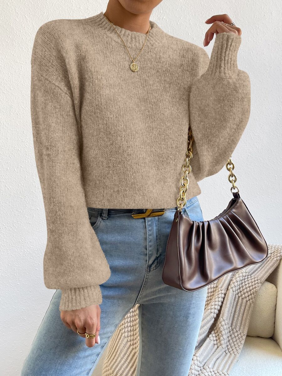 Viola Relaxed Mock Neck Sweater with Drop Shoulders - Camel