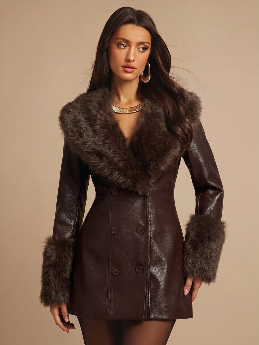 Saint Moritz Faux Fur Collar Double Breasted Faux Leather Jacket