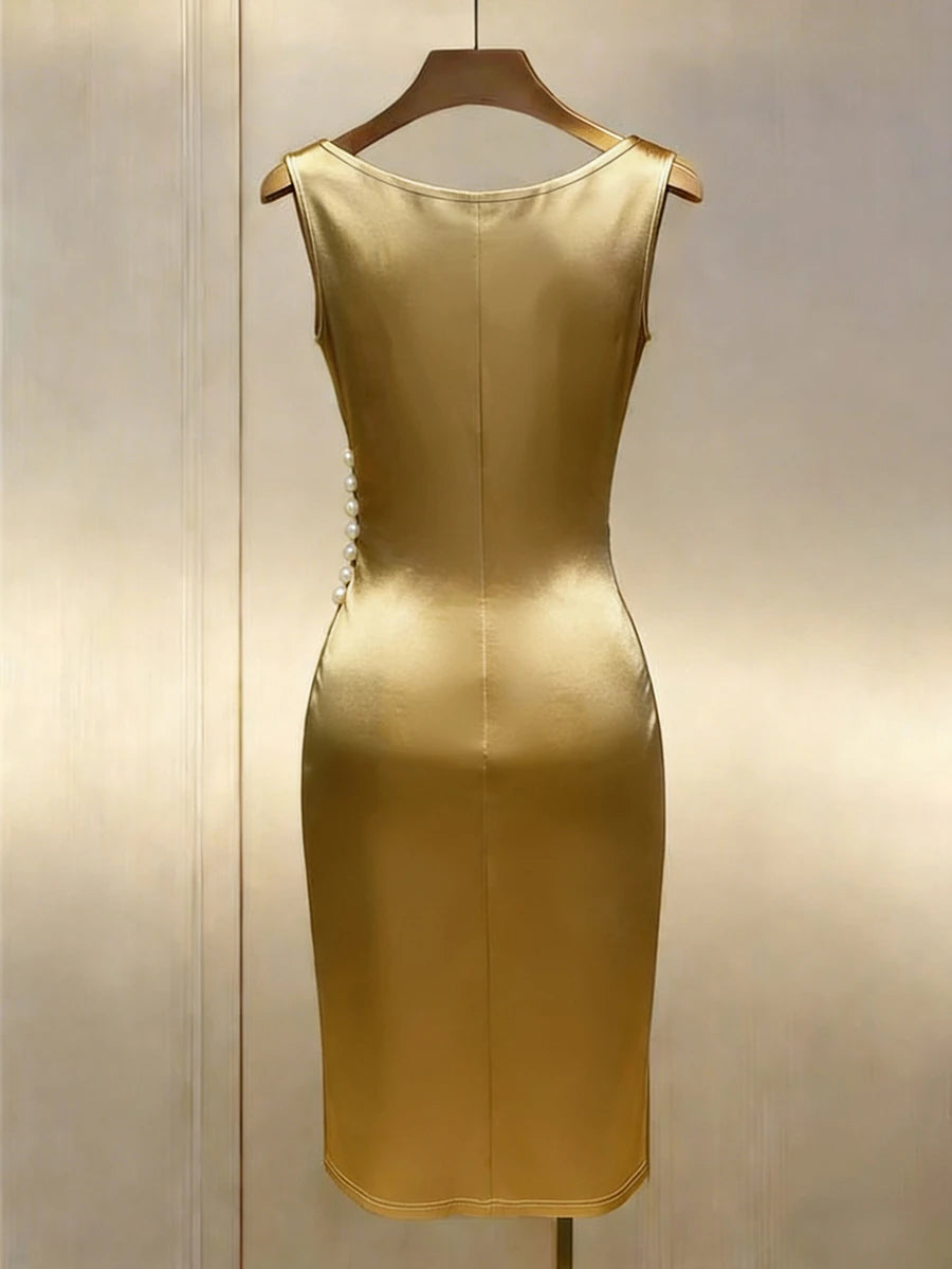 Women's Satin Cowl Neck Midi Dress, Ruched Silky Dress for Wedding Guest and Evening - Champagne