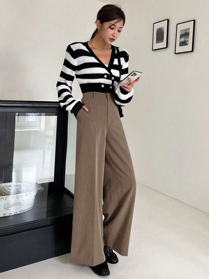 Women's Wide Leg Tailored Trousers, High Waisted Stretch Dress Pants for Work Office - Apricot